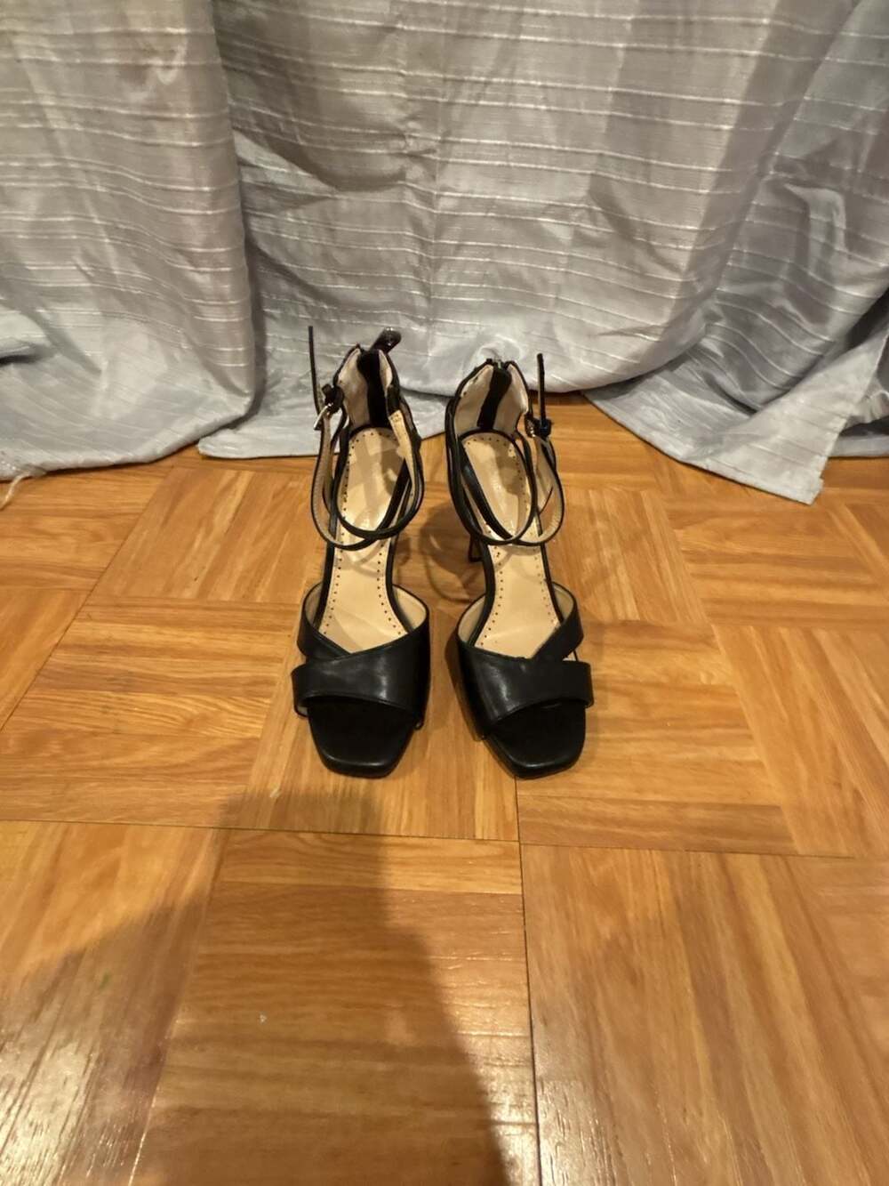 Adrienne Vittadini Black Leather Strappy Heeled Sandals with Ankle Strap and Zip